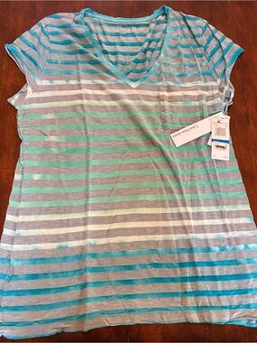 Calvin Klein Jeans Teal and Gray Striped V-Neck Pocket Tee